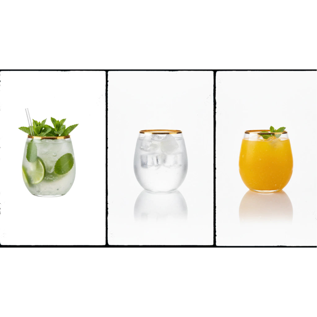 Vaso Fino Oro 350 ml - Agua, Vino y Cócteles Restaurante, Casa, Bodas, Catering, Stem less.