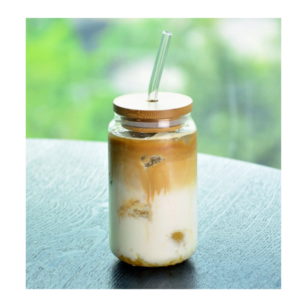 Vasos Tipo Lata 470 ml con Tapa de Bambú y Popote Ideales para Café Frío y Bebidas Moda
