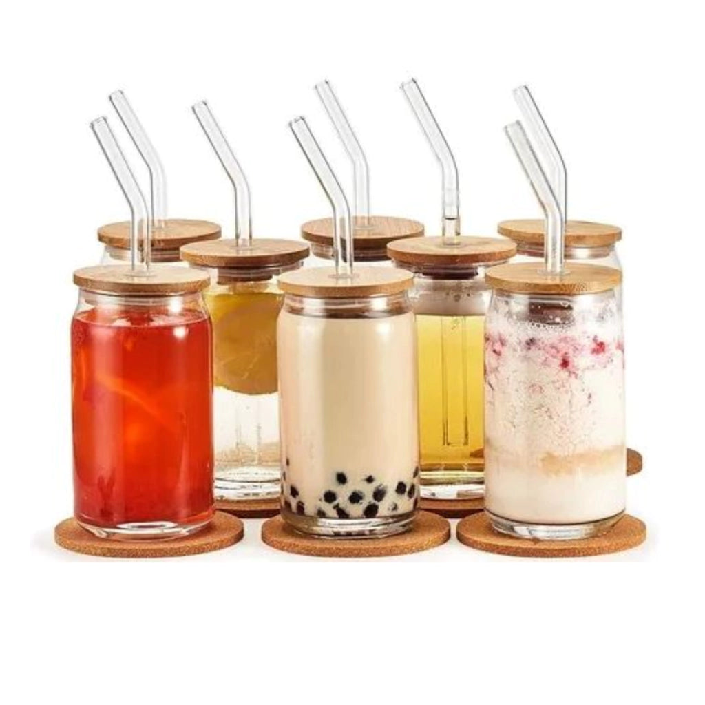 Vasos Tipo Lata 470 ml con Tapa de Bambú y Popote Ideales para Café Frío y Bebidas Moda